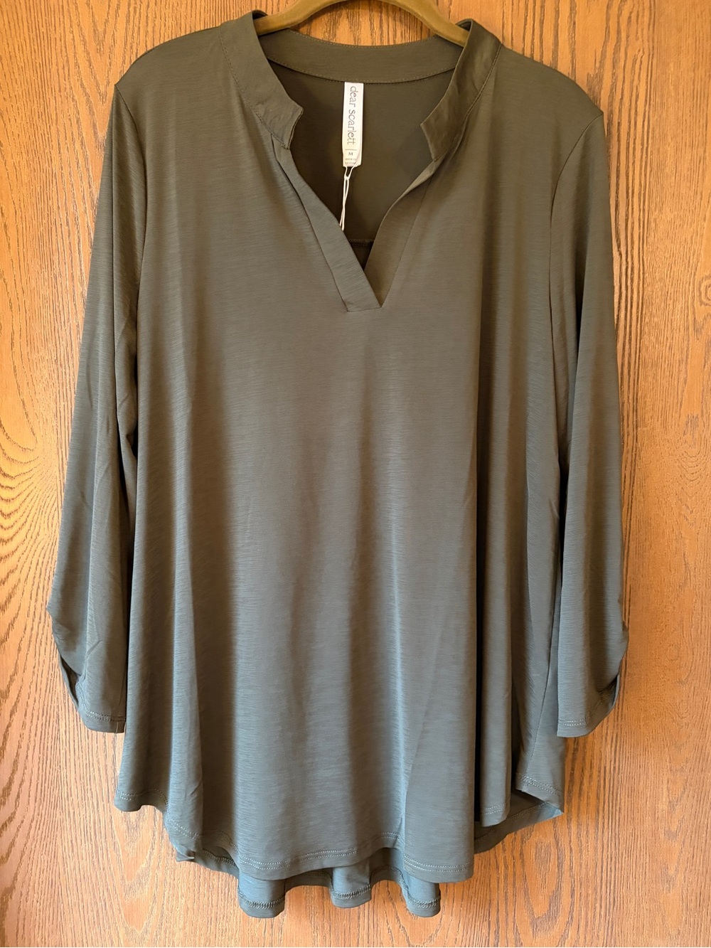 Dear Scarlett Lizzy- Split Neck, 3/4  Sleeve Tunic, Olive, Sz M
